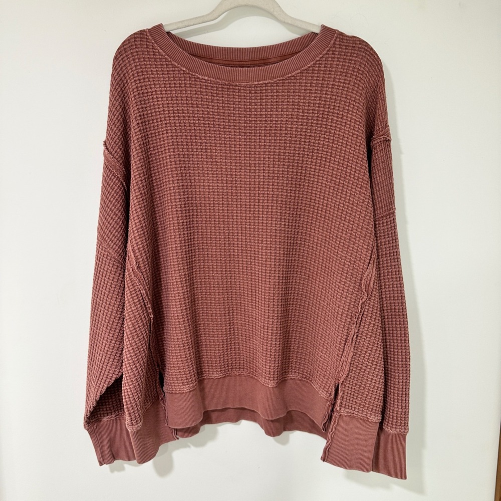 American Eagle Waffle Knit Pullover Women Medium‎ Pink Cotton Thermal Oversized